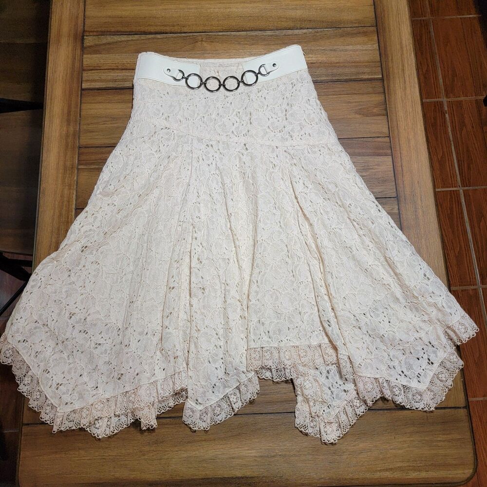 Bj by Bonjour Lace Skirt Knee Length Ivory w/ Belt Decoration - Size Medium
